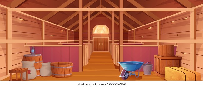 Horse stable interior or barn for animals. Farm house inside view. Empty wooden ranch with stalls, haystacks, sacks, gate and window under roof. Countryside building cartoon vector illustration.