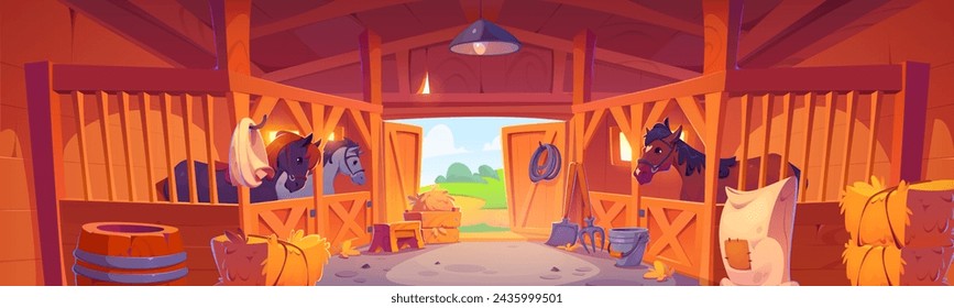 Horse stable interior design. Vector cartoon illustration of farm animals inside wooden barn, hay stacks, old barrel, pitchfork and shovel instruments, metal bucket, fabric sack, summer landscape view