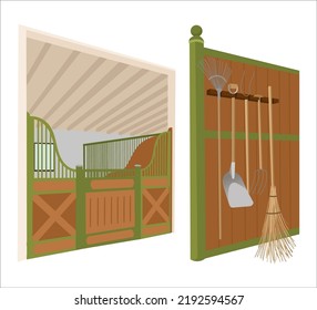 Horse stable interior, Wooden farm hose and equipment, Empty ranch with gate and window, broom, shovel, rake. Countryside building vector illustration.