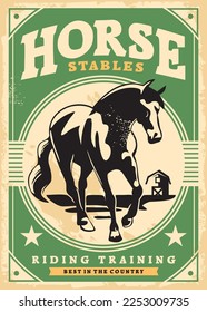 Horse stables vintage poster design. Farm animals retro promo sign with horse silhouette and barn graphic. Vector illustration.