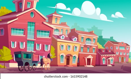 Horse stagecoach stand on empty antique street with colorful low-rise buildings, retro carriage vehicle parked near stone house in eastern town. Historical fairy tale scene Cartoon vector illustration