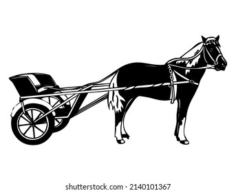 Caballo, semental con carro, animal doméstico y silvestre, mamífero, diseño, vector, ilustración en color negro y blanco, aislado en fondo blanco