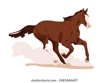 Horse, stallion galloping, running, rushing, racing at fast speed. Beautiful stallion in action, motion with dust puff. Equine endurance. Flat vector illustration isolated on white background