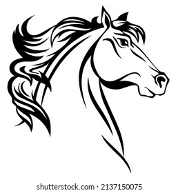 Horse, stallion head, domestic and wild animal, mammal, design, outline, vector, illustration in black and white color, isolated on white background