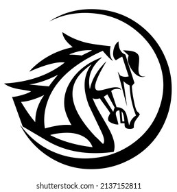 Horse, stallion head emblem, heraldic symbol, domestic and wild animal, mammal, design, vector, illustration in black and white color, isolated on white background