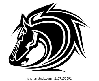 Horse, stallion head emblem, heraldic symbol, domestic and wild animal, mammal, design, vector, illustration in black and white color, isolated on white background