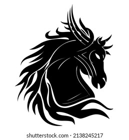 Horse, stallion head emblem, heraldic symbol, domestic and wild animal, mammal, design, vector, illustration in black color, isolated on white background