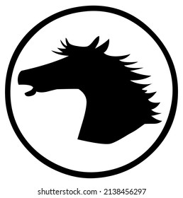 Horse, stallion head emblem, heraldic symbol, domestic and wild animal, mammal, design, vector, illustration in black color, isolated on white background