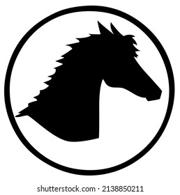 Horse, stallion head emblem, heraldic symbol, domestic and wild animal, mammal, design, vector, illustration in black color, isolated on white background