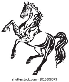 The horse stallion in the rearing free movement . Elegant tribal tattoo style black and white vector illustration 
