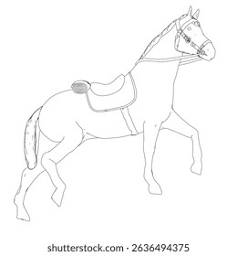 A horse is standing in a field with its head down. The horse is wearing a saddle and bridle