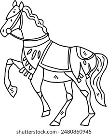 A horse is standing with its head up and its legs spread out. It is wearing a saddle and bridle