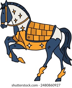 A horse is standing with its legs spread wide and its head down. The horse is wearing a saddle and bridle