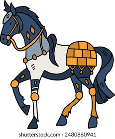 A horse is standing with its legs spread wide and its head down. The horse is wearing a saddle and bridle