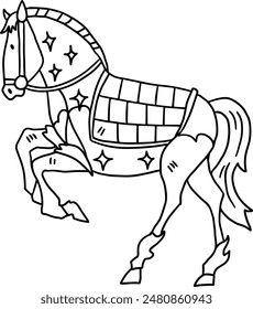 A horse is standing with its legs spread wide and its head down. The horse is wearing a saddle and bridle