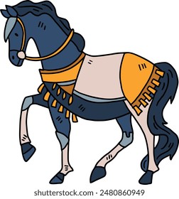 A horse is standing with its legs spread wide and its head down. The horse is wearing a saddle and bridle