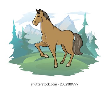 A horse standing on the background of a mountain landscape, vector illustration.