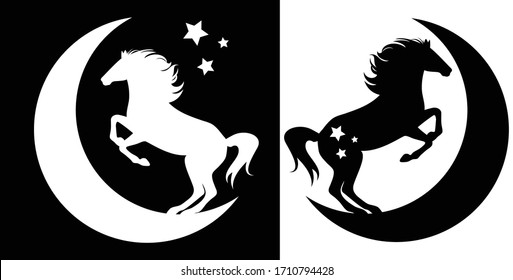 horse standing on a crescent moon - night time fairy tale animal on  a starry sky black and white vector silhouette design set