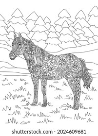 Horse Standing On Grassfields With Tall Tree Forest Background Colorless Line Drawing. Beautiful Stallion Stands On Field Of Grass Coloring Book Page.