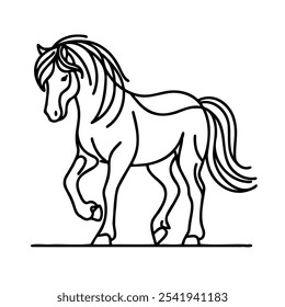 A horse is standing on a white background. The horse is the main focus of the image. The horse is depicted in a simple and elegant style, with its legs spread wide apart and its head held high