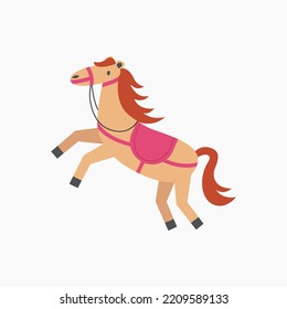 Horse in standing pose. Cute pony in harness, saddle. Puffy character in motion for kids. Child ponytailed farm animal . Horseback riding, hippodrome racing, equestrian sport.