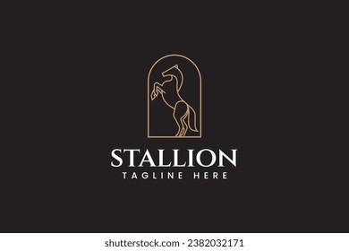 horse standing pose line art style with frame  modern logo design template