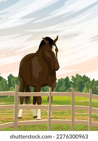 El caballo está parado en el campo. Red Foal Equus ferus caballus. caballos salvajes y de granja. Paisaje vertical vectorial realista