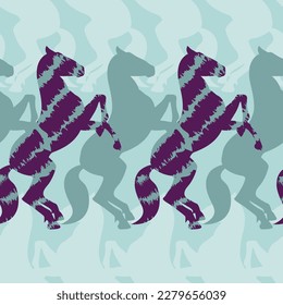 Horse stands on its hind legs colorful vector seamless pattern, power and grace of a horse, birthday wrapping, bright and vibrant colors - mint and purple, stylized animal repeat