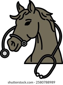 A horse with a stethoscope on its head. The horse is smiling and he is healthy