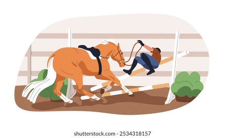 Caballo que se detiene en la barrera y se niega a saltar. Comportamiento equino desobediente, jinete ecuestre se cae, accidente. Negativa, fracaso en el obstáculo. Ilustración vectorial plana aislada sobre fondo blanco