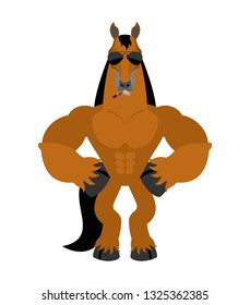 Horse Strong Cool serious. Steed smoking cigar emoji. hoss strict. Vector illustration