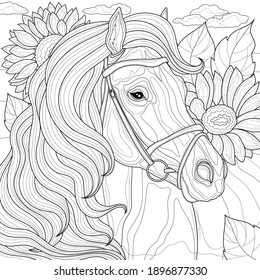 
Horse in sunflowers.Coloring book antistress for children and adults. Illustration isolated on white background.Zen-tangle style. Black and white drawing