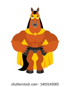 Horse superhero. Super hoss in mask and raincoat. Strong animal