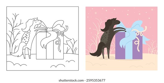 Horse with surprise gift box winter landscape coloring book for kids cartoon vector illustration. Abstract comic stallion mare horse greeting card. Drawing flat animal design perfect for children art