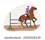 Horse swerving to avoid obstacle. Equestrian rider and equine problem, refusing to jump over barrier, running out, failing during riding. Flat vector illustration isolated on white background