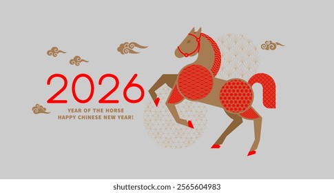 Horse is a symbol of the 2026 Chinese New Year. Figure of Horse in geometric style, adorned traditional chinese patterns. Holiday vector illustration of Zodiac Sign for greeting card, banner, calendar