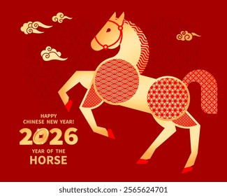 Horse is a symbol of the 2026 Chinese New Year. Figure of Horse in geometric style, adorned traditional chinese patterns. Holiday vector illustration of Zodiac Sign for greeting card, banner, calendar