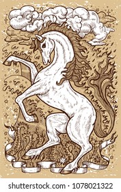 Horse symbol with four nature elements, fire, air, water and earth mystic signs on old texture background. Fantasy engraved illustration. Zodiac animals of eastern calendar, mysterious concept