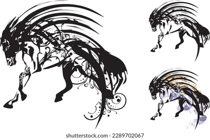 Símbolos de caballo con elementos florales y salpicaduras aisladas en blanco. Juego de caballos ornamentales para tatuajes, conceptos de negocio, fondos de pantalla, logotipos, tejidos, moda, estibadores, textiles, emblemas deportivos, estampados