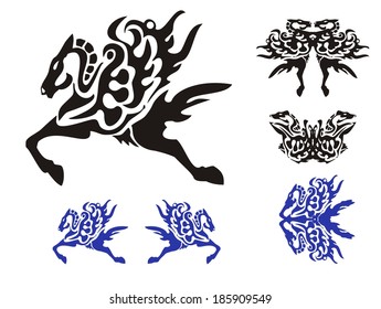 Horse symbols with a wing, a butterfly and fish