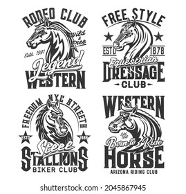 Horse t shirt prints, equestrian races and biker club vector emblem icons. Wild stallion and heraldic horse signs of Arizona horse riding, western rodeo and equine sport club quotes for t-shirt print