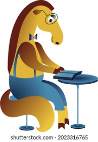 The horse at the table is reading a book