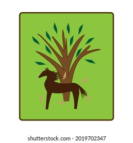 Horse that stands under the tree in green square. Fashion graphic card design. Modern stylish abstract illustration. Colorful template for t shirt, prints, textiles, etc. Vector illustration