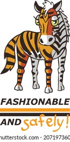 horse with tiger color on a white background and an inscription below: fashionable and safe