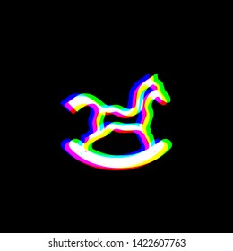Horse toy sign. Red, green and blue unfocused contour icon at black background. Illustration.