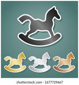 Horse toy sign. Set of metallic Icons with gray, gold, silver and bronze gradient with white contour and shadow at viridan background. Illustration.