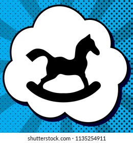 Horse toy sign. Vector. Black icon in bubble on blue pop-art background with rays.