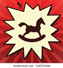 Horse toy sign. Vector. Dark red icon in lemon chiffon shutter bubble at red popart background with rays.