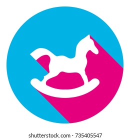Horse toy sign. Vector. Flat white icon with mexican pink shadow inside sky blue(S and G) circle at white background. Isolated. Trend colors in 2017.
