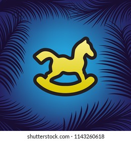 Horse toy sign. Vector. Golden icon with black contour at blue background with branches of palm trees.